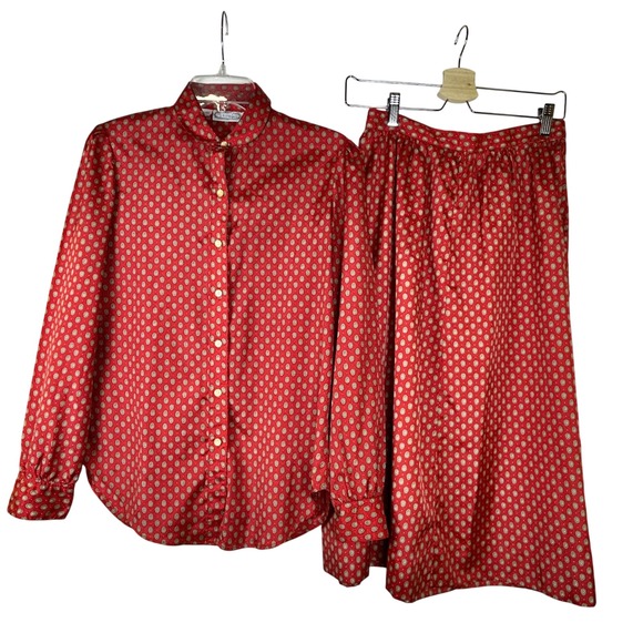 The Villager Dresses & Skirts - Vintage The Villager Red Floral Button Up Shirt & Skirt Set Sz 12 Union Made USA